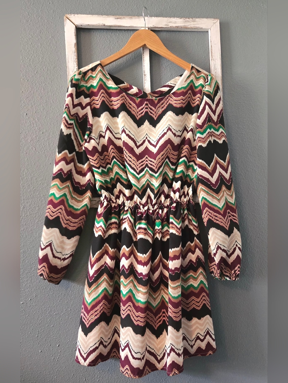 Takara Chevron Zig-Zag Blouson Mini Dress | Size M | Boho Earth Tones